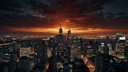 Fototapeta premium Dramatic sunset cityscape with city lights.