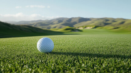The golf ball is on a green lawn in a beautiful golf course with morning sunshine.