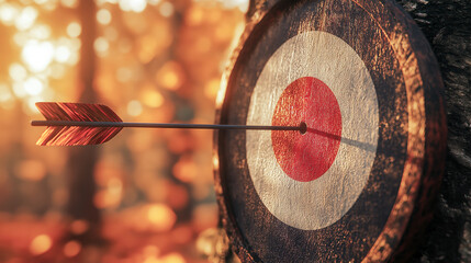 A close up of an archery target with an arrow striking the bullseye, set against a scenic autumn forest. The warm hues of the foliage enhance the serene atmosphere.