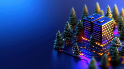 Modern Digital Office Building Surrounded by Green Pine Trees