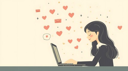 A businesswoman is receiving an online love message on her laptop, a flat design illustration with simple shapes and lines, a vector graphic