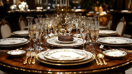A luxurious dining table adorned with fine china, silverware, and a multi-course meal including a steak, side dishes, and gourmet desserts 