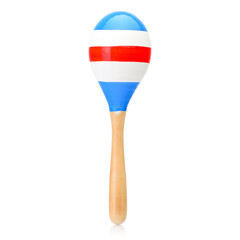 Wooden colored baby rattle isolated on a white background. Bright maracas for a child. Toys for concentration of attention