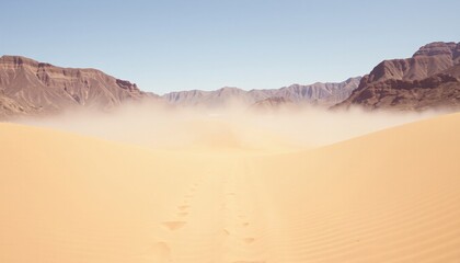 Footprints disappear in a desert sandstorm.