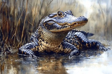 A Majestic American Alligator in its Natural Habitat, Watercolour Style.