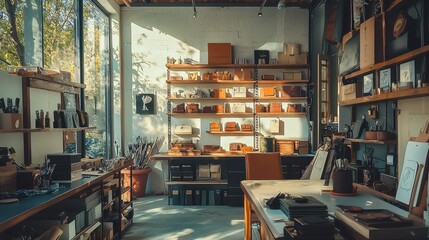 Artisanal Studio with Handcrafted Stitched Goods in Bright Natural Light