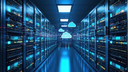 Futuristic Data Center with Server Racks and Cloud Icons Displayed