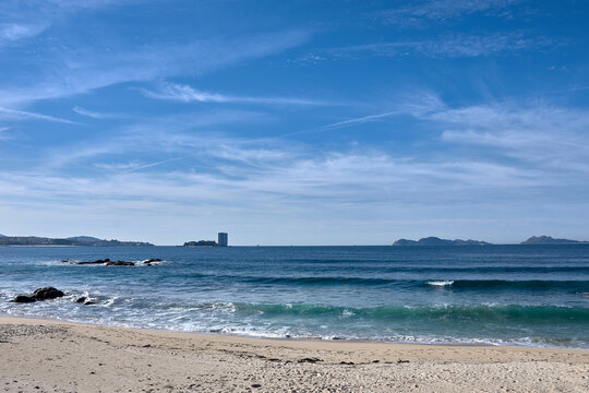 Scenic coastal landscape with C&iacute;es Islands and Toralla seen from Samil beach.
