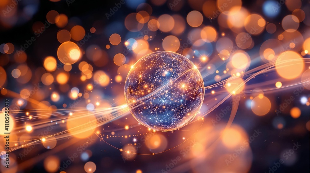 Poster Sparkling futuristic sphere with glowing particles in space