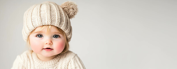 Portrait of a baby wearing a cozy knit hat with a pom-pom and a matching sweater, set against a clean, minimalist background. The image captures the innocence and warmth of childhood 