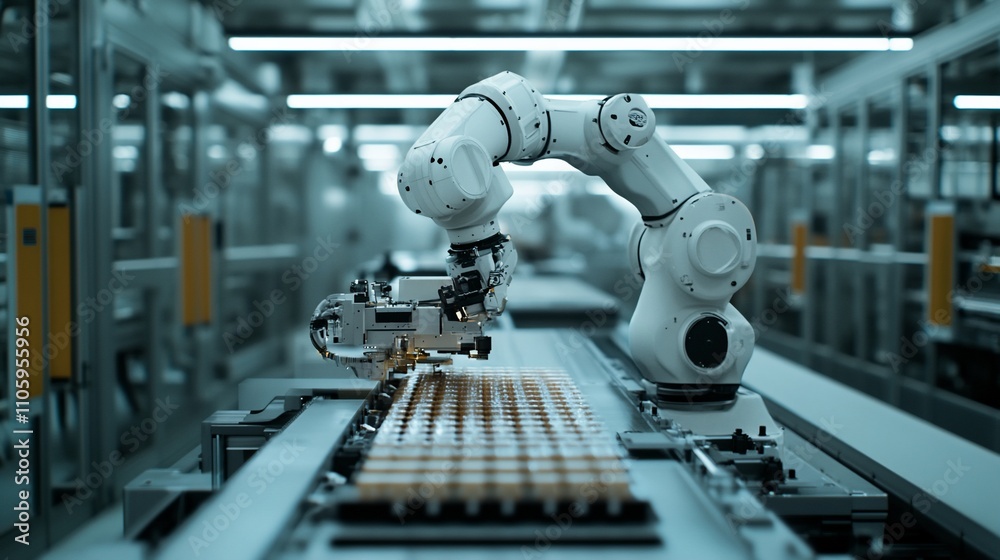 Poster Robotic arm assembling products on assembly line in modern factory.