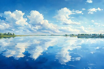 Impressionistic Painting of a Serene Lake Reflecting a Blue Sky and Fluffy Clouds.