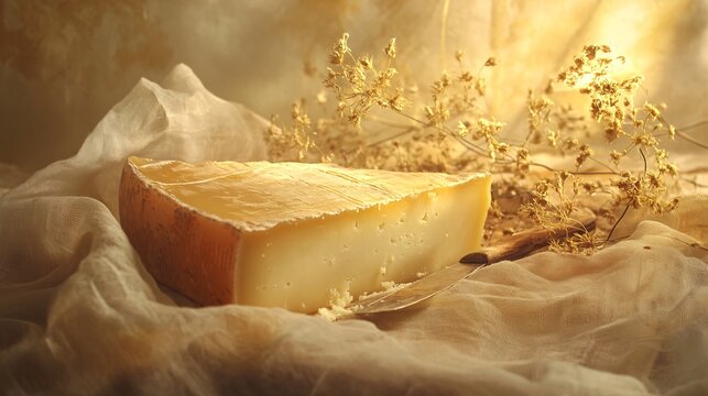cheese, taleggio, studio light dreamy, marketing campaign, really IPER disruptive, autumn vibes, warm orange, dreamy, artificial,