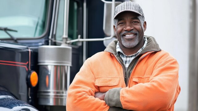 Happy truck driver poses confidently in front of his big rig at a freight yard