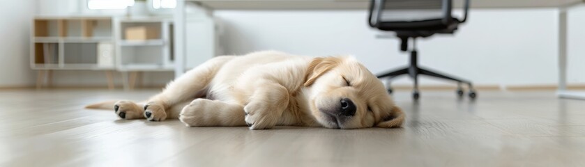 Cute puppy sleeping in a cozy office space.