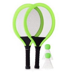 Badminton set made of plastic for children, isolated on a white background. Toy rockets, a shuttlecock ball for playing tennis. Children's sports. Development of a child's sports skills