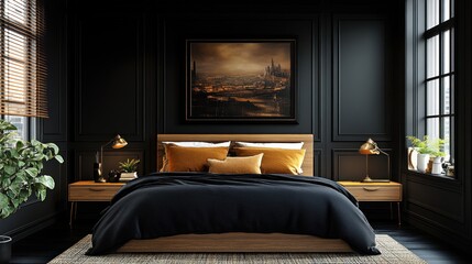 Fototapeta premium Dark Modern Bedroom Interior Design Featuring Cityscape Artwork