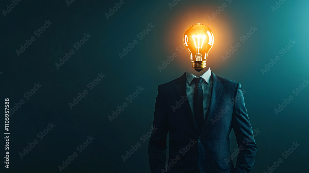 Poster Surreal image of a businessman with a glowing light bulb instead of his head, representing a bright idea in business