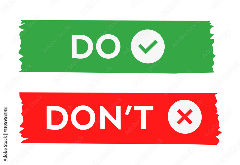 Leinwandbilder Do and don't rough label sticker with check and cross in red and green color. Flat design of correct or incorrect vote question. Wrong or right answer.
