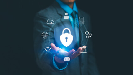 Cyber ​​security concept, data protection with secure internet access, businessman's hand protecting personal data on virtual screen on internet technology network connection