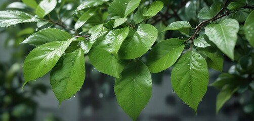 Obraz premium Close up of fresh green leaves with water droplets, nature, lush