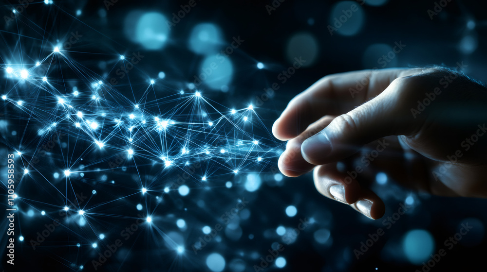Poster Glowing network nodes and a hand representing global communication, data transfer, and technological innovation