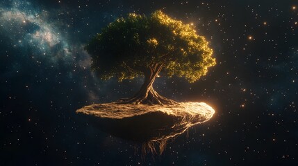 Floating tree of life in a starry galaxy.
