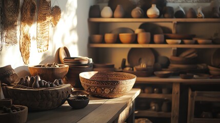 Fototapeta premium High-Quality Handcrafted Goods Displayed in a Sunlit Artisan Workshop Setting