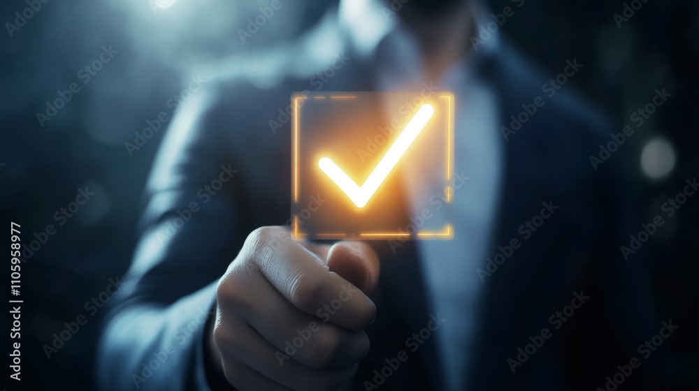 Poster businessman interacting with futuristic interface and checking correct box, innovative technology an