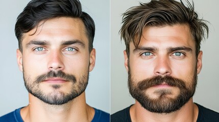 Fototapeta premium Two portraits of a Caucasian male with striking blue eyes, showcasing different facial hair styles that enhance his rugged appearance.