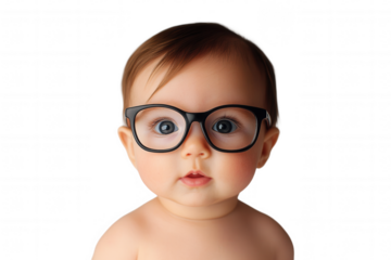 A cute baby with round glasses looks curiously at the viewer. The baby has short brown hair and a neutral expression. This image captures a moment of youthful innocence, highlighting the playful charm