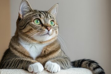 Fototapeta premium Young playful Russian Blue cat relaxing indoors on a sunny morning. Gorgeous blue-gray cat with green eyes. Family pet at home.. Beautiful simple AI generated image