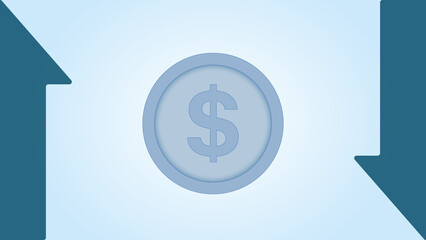 A modern vector illustration of a dollar coin placed between upward and downward arrows, symbolizing the concept of currency or dollar fluctuation.