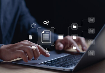 Concept Document Management System ,DMS or file storage and database, businessman hand typing on keyboard Show virtual screen to manage documents with digital technology of corporate business