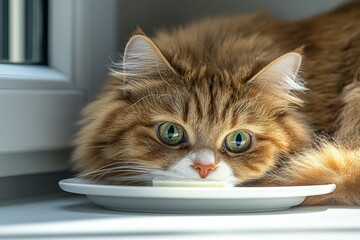 Cat Table Home - A gray tabby cat sits on a table in a home, staring intently at the camera.. Beautiful simple AI generated image