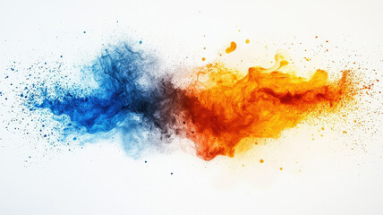Obraz premium Dynamic splashes of blue, orange, and black watercolor blend beautifully on white background, creating energetic and vibrant visual effect