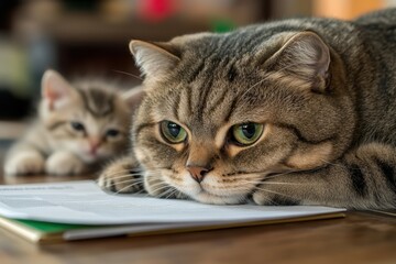 Young playful Russian Blue cat relaxing indoors on a sunny morning. Gorgeous blue-gray cat with green eyes. Family pet at home.. Beautiful simple AI generated image