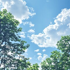 Obraz premium A beautiful blue sky with soft, white clouds and a gentle breeze rustling the trees, rustling leaves, trees, gentle breeze, spring