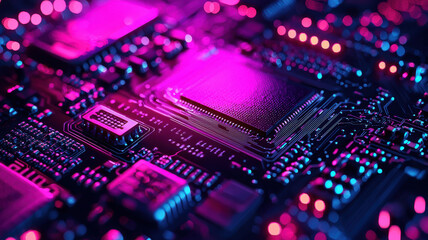 Obraz premium Futuristic circuit board with high contrast neon colors blending into vibrant digital landscape, showcasing intricate details and technology