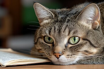 The cat looks curiously, the muzzle close-up. Beautiful simple AI generated image