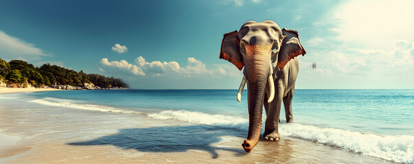 Elephant standing on a sunny beach with its trunk raised