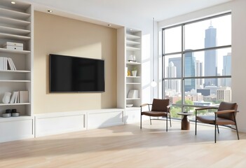 A modern living room with a large TV mounted on the wall, a white bookshelf, and a large window overlooking a city skyline.