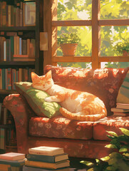 Cat Resting in a Warm Living Room