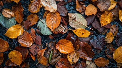 Autumn leaves moistened with rain fallen down