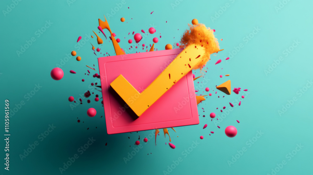 Aufkleber 3d rendering of a large, vibrant check mark exploding with colorful paint on a turquoise background, representing approval, success, and achievement