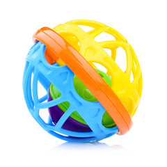 Plastic colored baby rattle isolated on a white background. A bright rattle for a child. Toys for concentration of attention