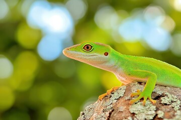 Fototapeta premium Green Anole relaxing on a branch - Shadow Creek Ranch Nature Trail. Beautiful simple AI generated image