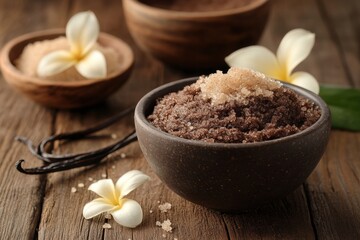 natural body scrub, gentle body scrub made with cocoa butter, vanilla bean, and brown sugar, resting on a stone ledge surrounded by natural wood