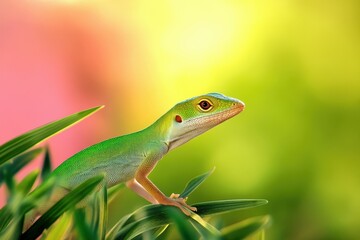 Fototapeta premium Green Anole relaxing on a branch - Shadow Creek Ranch Nature Trail. Beautiful simple AI generated image