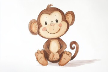 Obraz premium Adorable cartoon monkey illustration in a playful and cheerful children's style, featuring a smiling monkey with big ears and a curly tail.